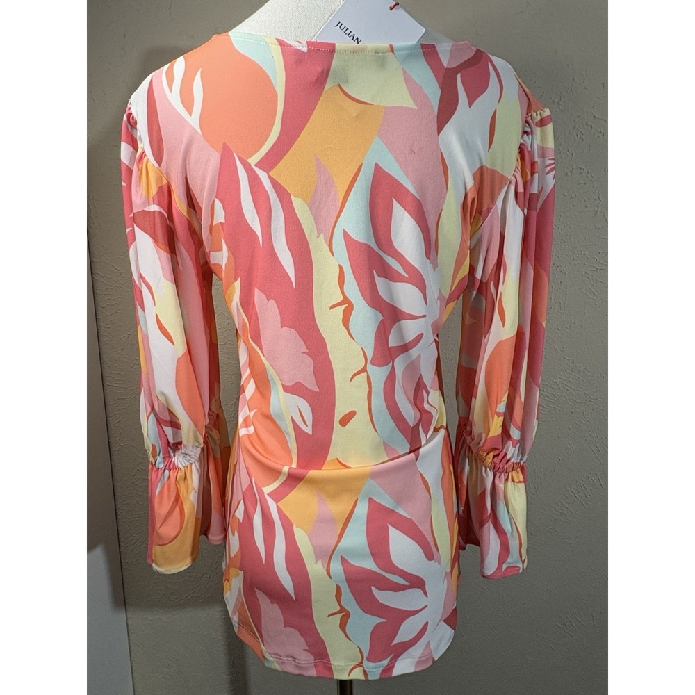 NWT Julian Chang Women Sz S Neon Sherbet Cinch Sleeve Abstract Print Blouse Top - Picture 6 of 10